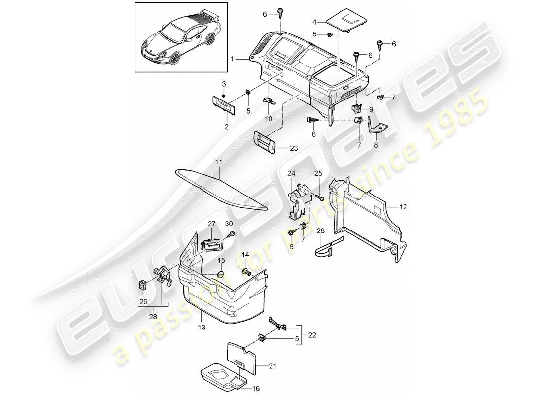 porsche 997 gt3 (2011) diagrama de piezas del compartimiento de equipaje