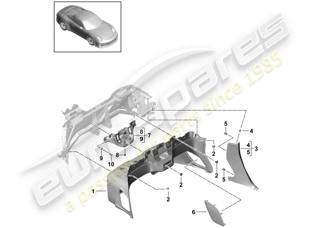 porsche 2014 (991-1 r/gt3/rs) panel de acabado para panel trasero diagrama de piezas
