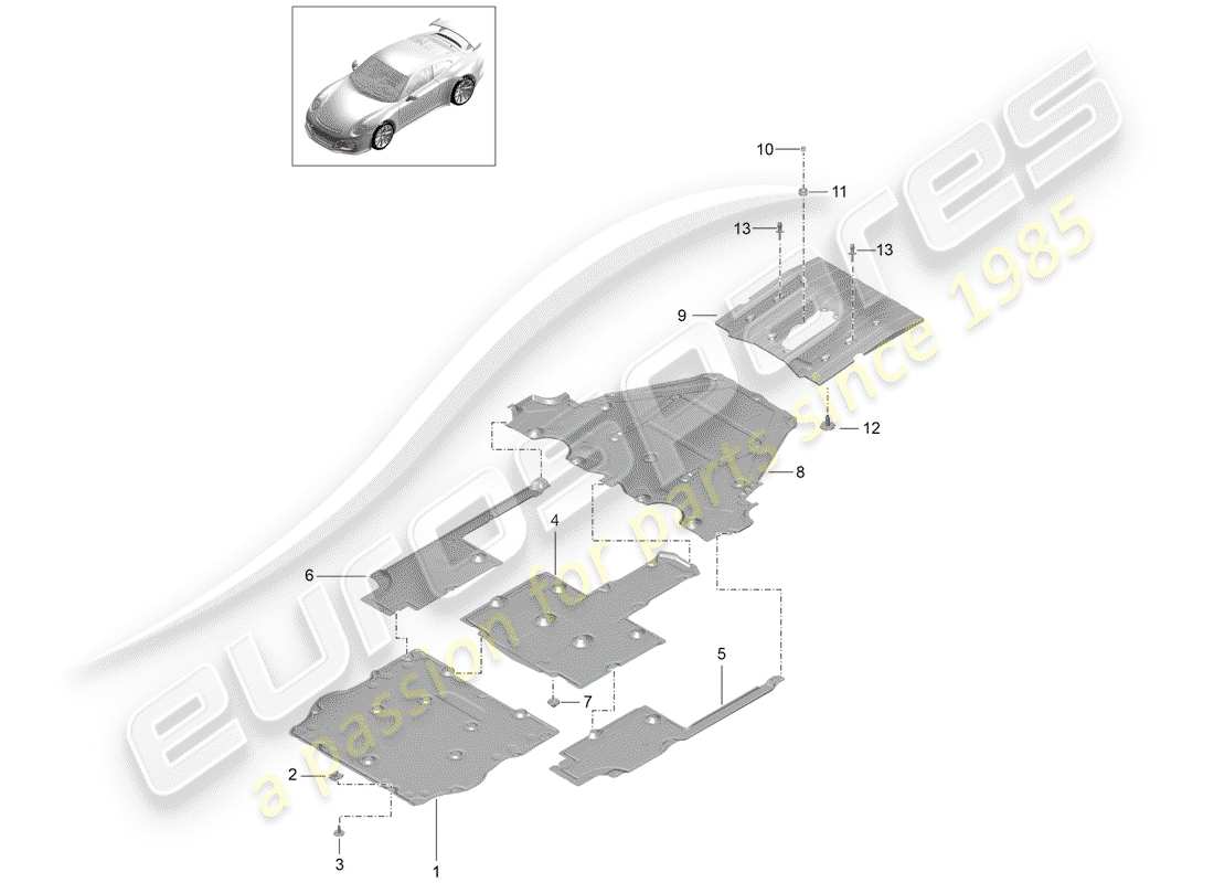 porsche 2017 (991-2 r/gt3/rs) diagrama de piezas del recubrimiento de bajos