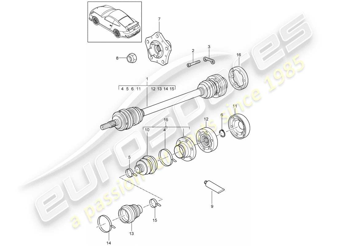 porsche 2011 (997-2 gt3) eje de accionamiento diagrama de piezas