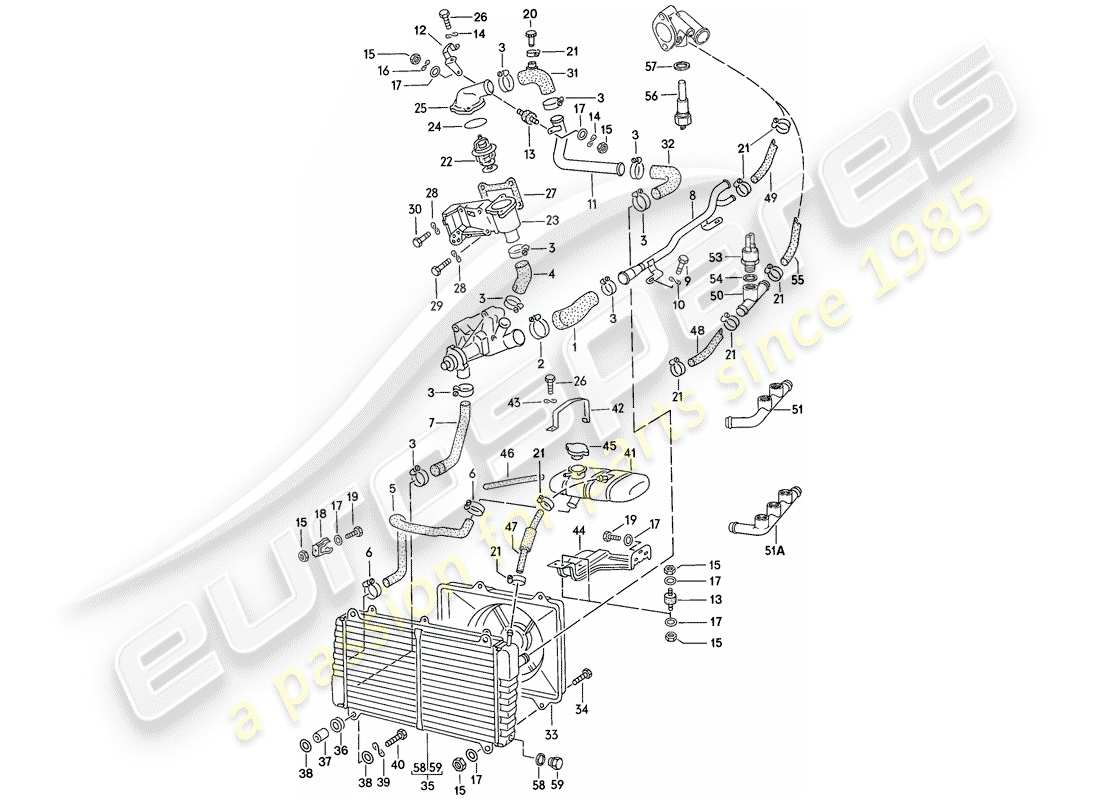 porsche 1976 (924) diagrama de piezas de refrigeración por agua