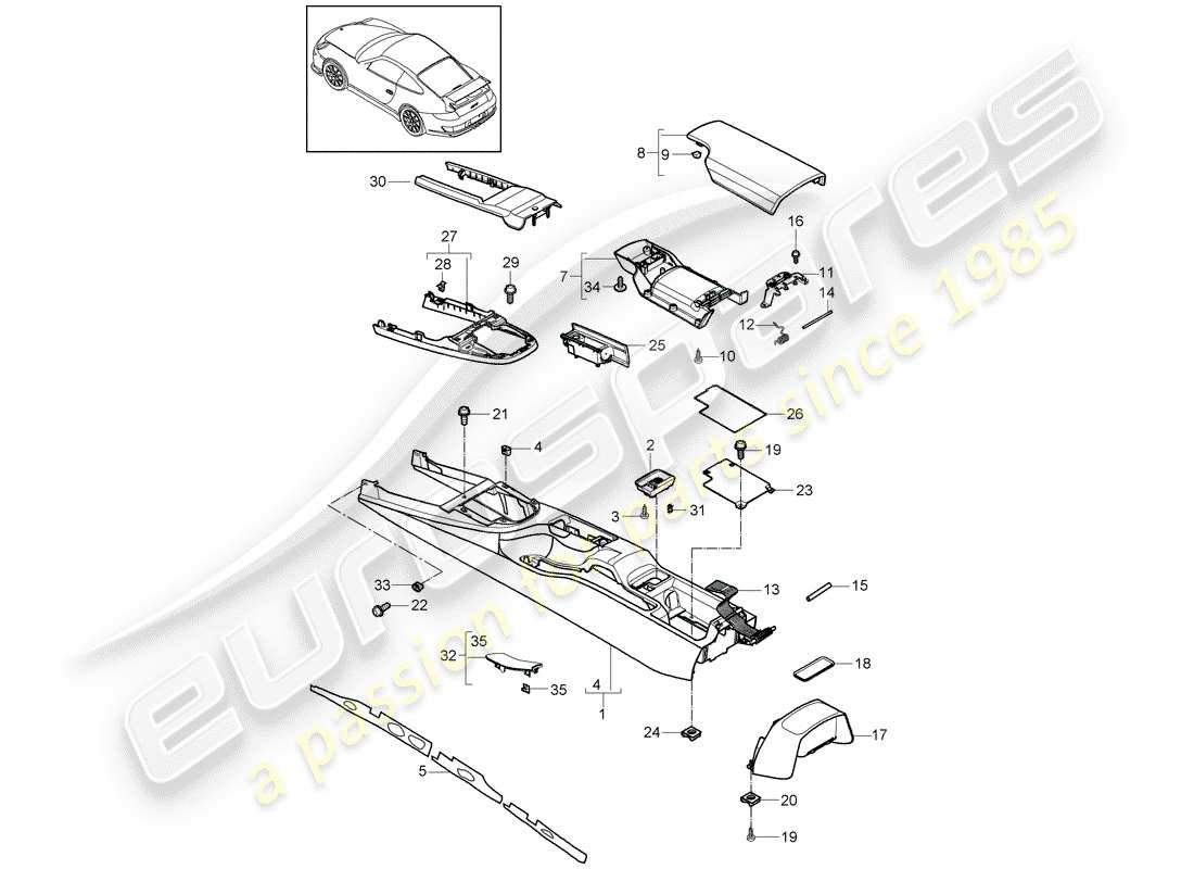 porsche 2009 (997-2 gt3) center console diagrama de piezas