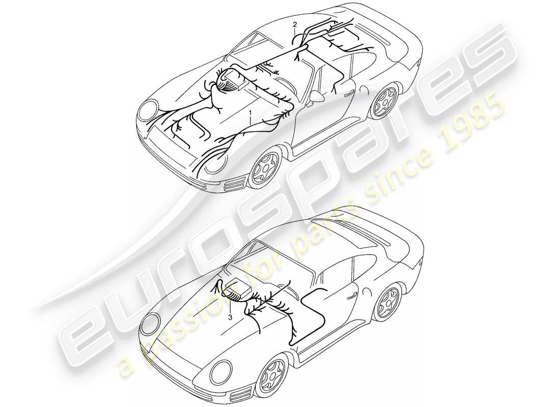 porsche 1987 (959) arneses de cableado - maletero delantero - salpicadero - extremo trasero esquema de piezas
