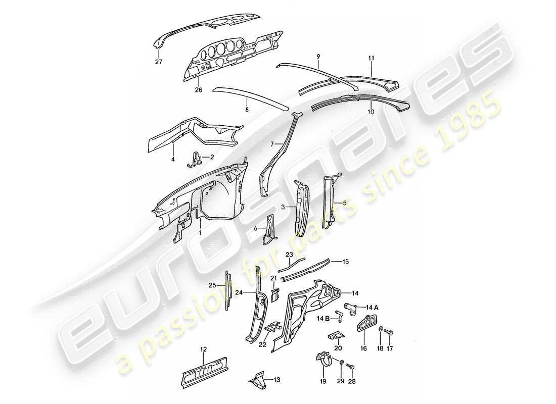 porsche 1988 (959) paneles interiores diagrama de piezas