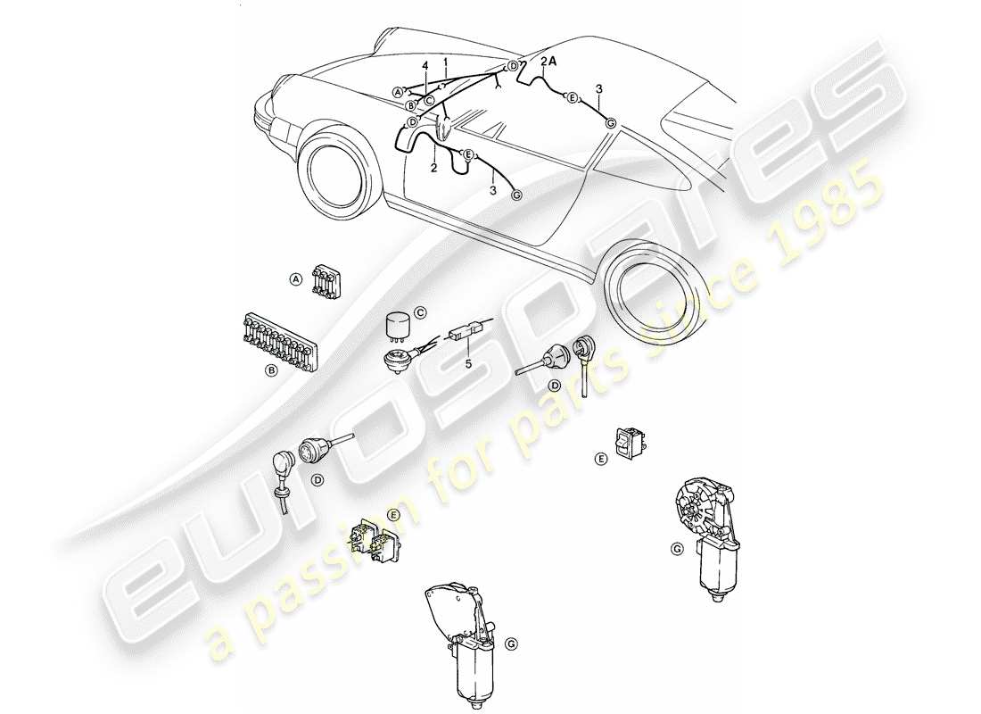 porsche 1984 (911) arneses de cableado - compartimiento de equipaje delantero - ventana eléctrica diagrama de piezas