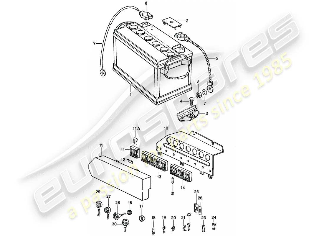 porsche 1979 (911) batería - caja de fusibles diagrama de piezas