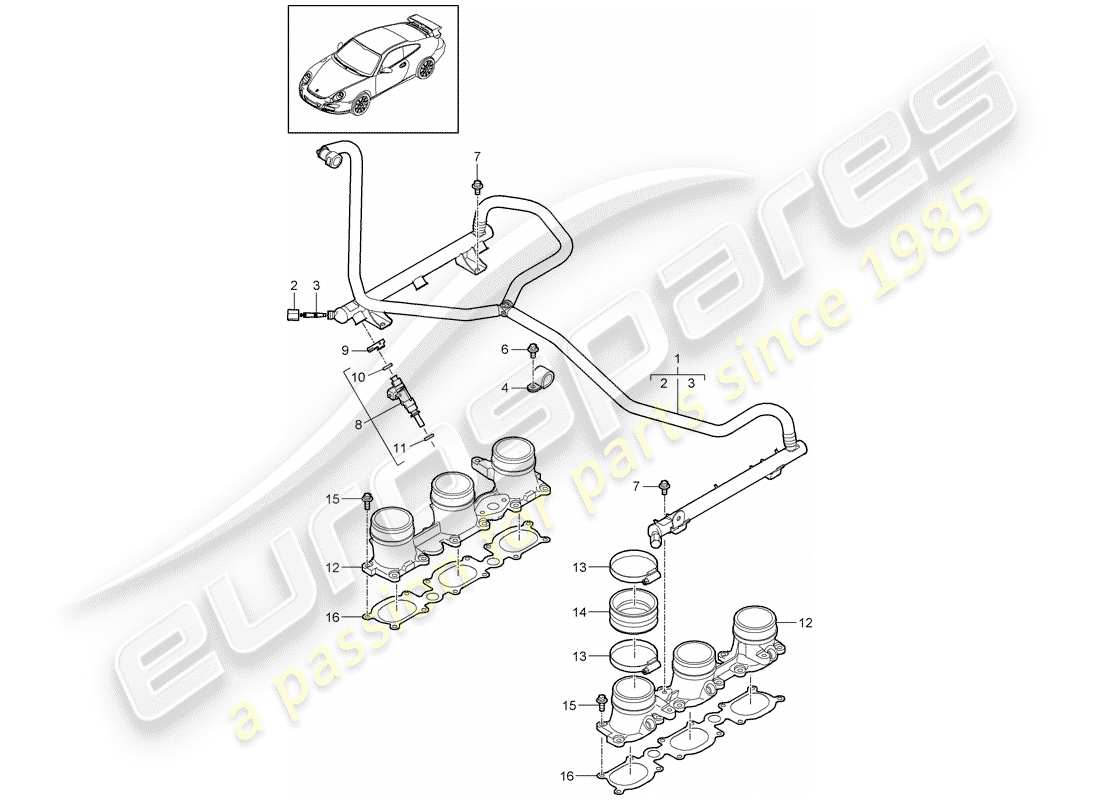 porsche 997 gt3 (2011) diagrama de piezas del tubo de recogida de combustible