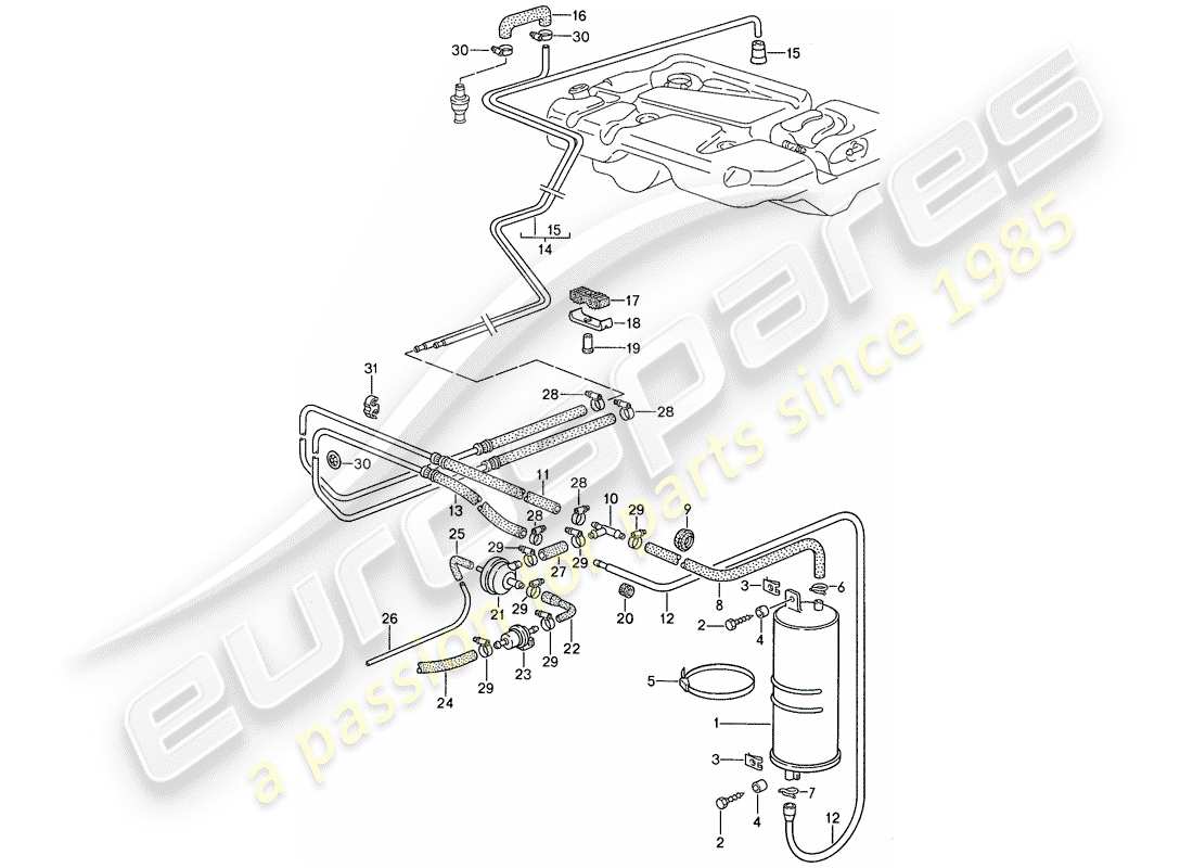 porsche 1990 (944) bote de emisiones evaporativas diagrama de piezas
