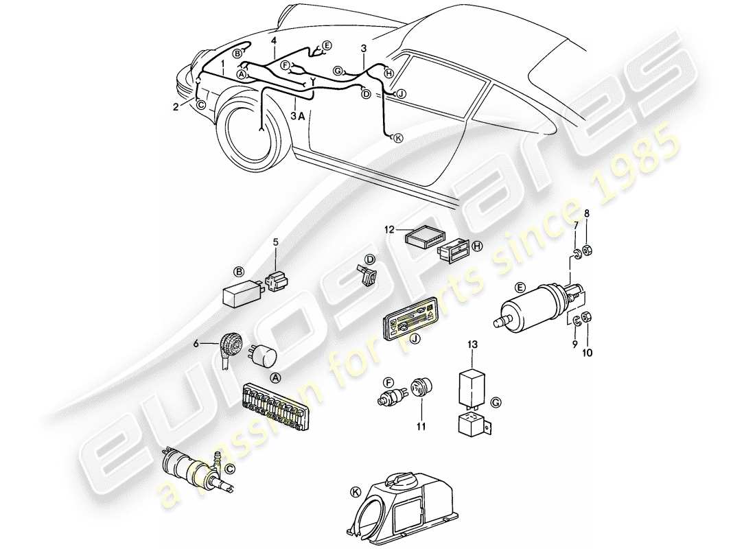 porsche 1985 (911) arneses de cableado - sistema arandela - luces de advertencia - bomba de combustible diagrama de piezas