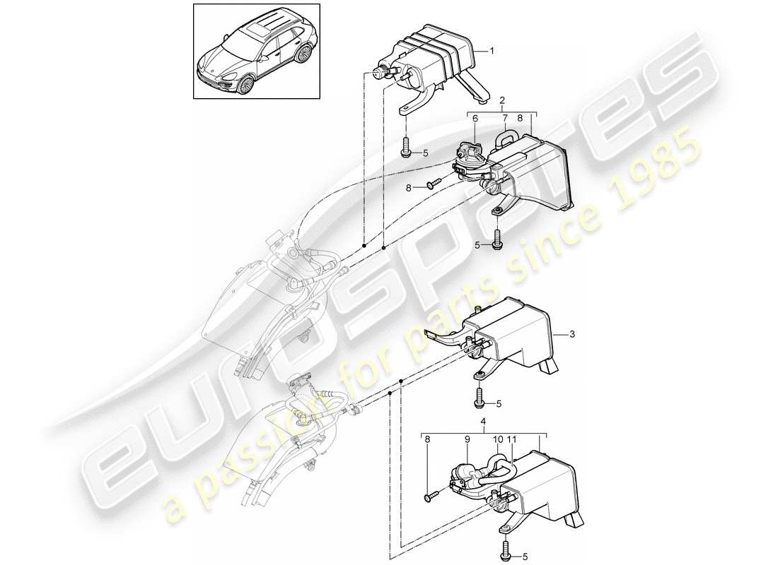 porsche 2018 (cayenne e2 92a) bote de emisiones evaporativas diagrama de piezas