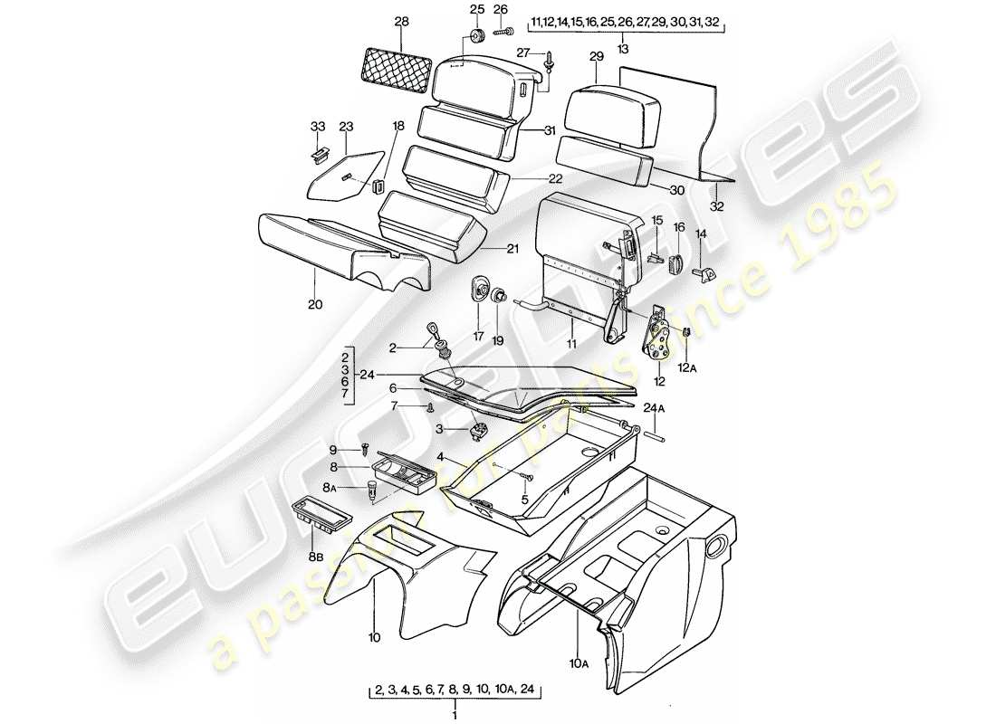 porsche 1981 (928) asiento de emergencia - con: - caja de almacenaje diagrama de piezas