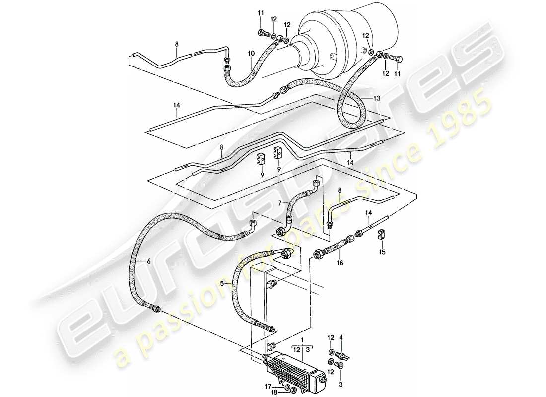 porsche 1986 (928) transmisión automática - enfriador del atf - líneas del atf - enfriador del atf diagrama de piezas