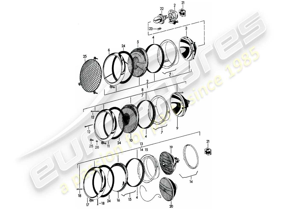 porsche 1964 (356b/356c) diagrama de piezas del faro