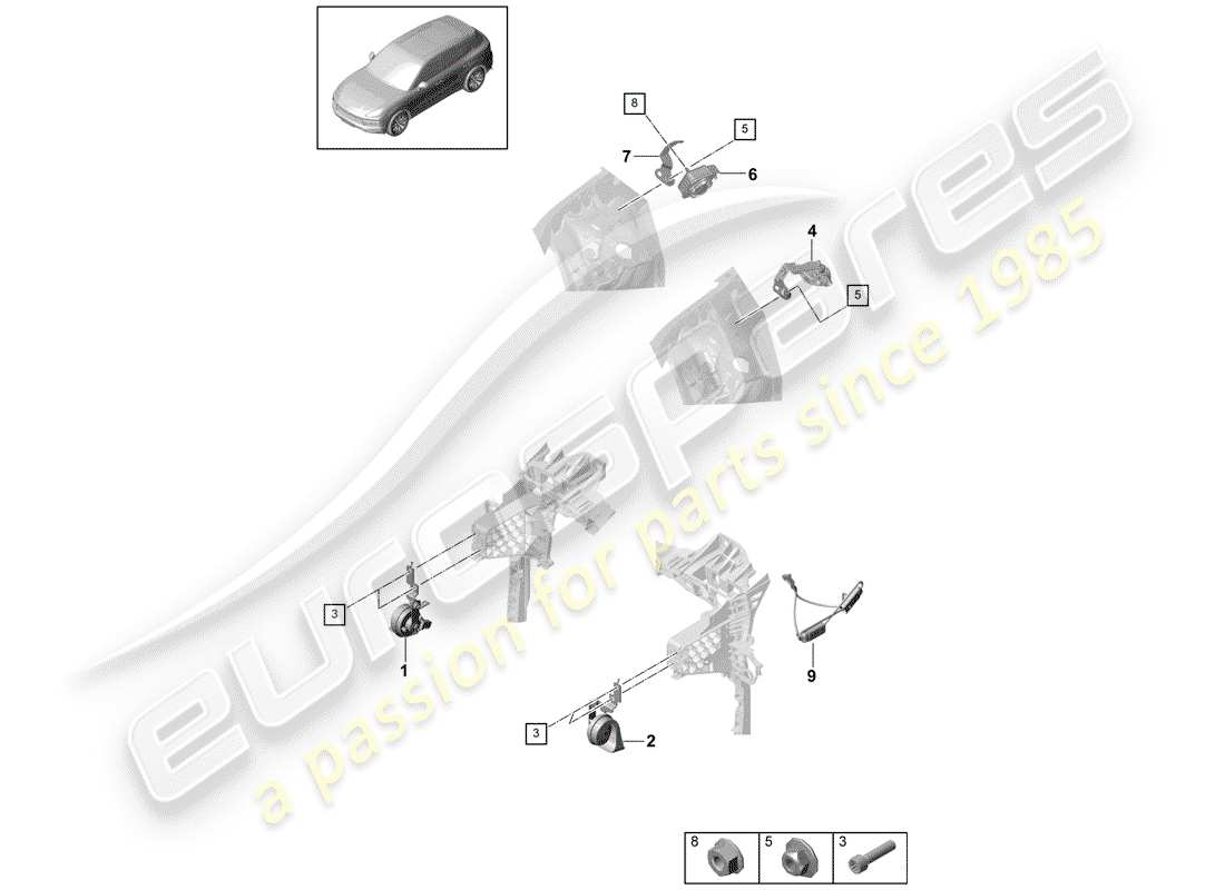 porsche 2020 (cayenne e3 9ya/9yb) cuerno de fanfarria diagrama de piezas