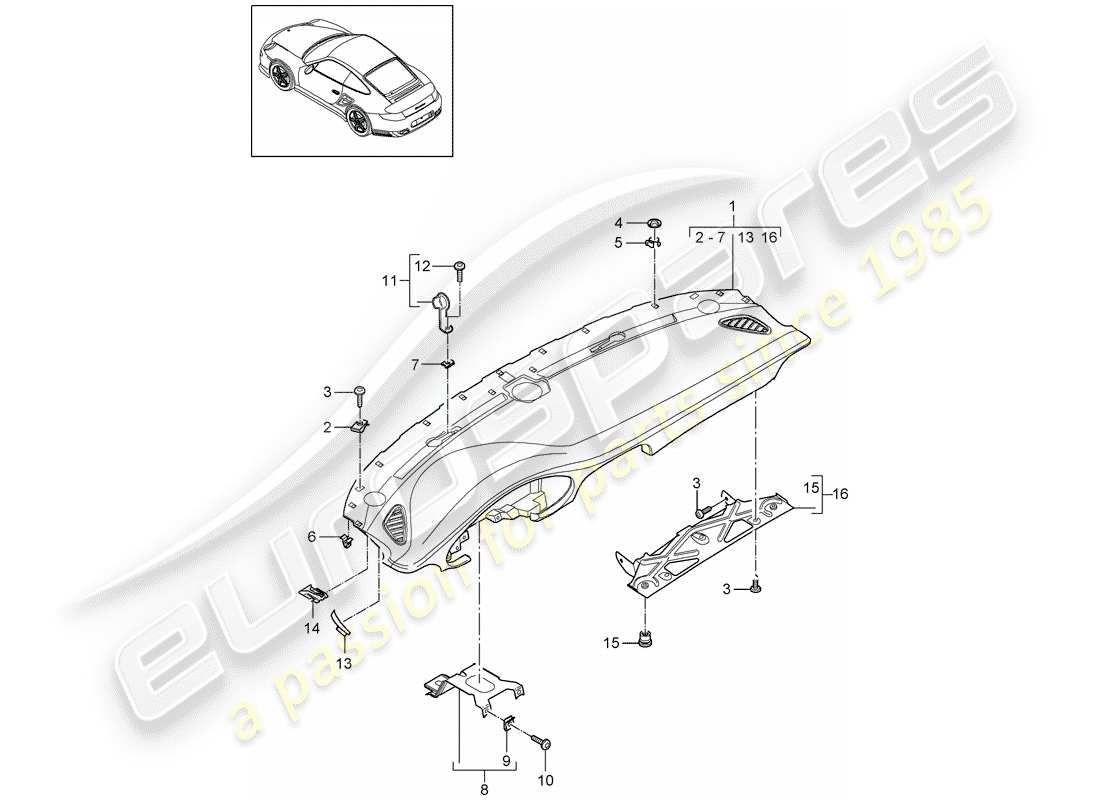 porsche 2013 (997-2 turbo / gt2 rs) diagrama de piezas del embellecedor del panel de instrumentos