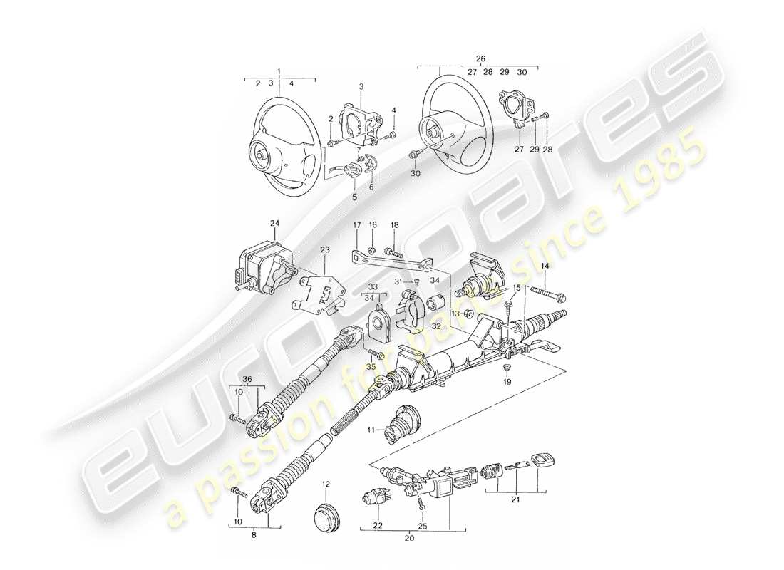 porsche 2000 (996) tubo protector de dirección - eje de dirección intermedio - volante diagrama de piezas
