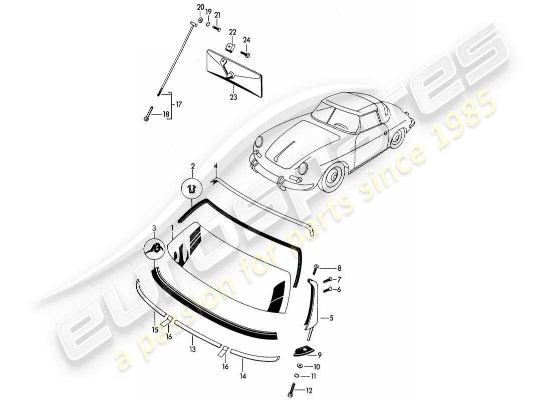 porsche 1961 (356b/356c) acristalamiento de ventanas diagrama de piezas