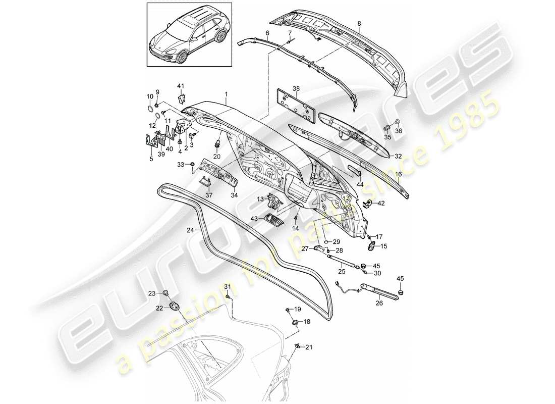 porsche cayenne e2 (2017) diagrama de piezas de la tapa del maletero trasero