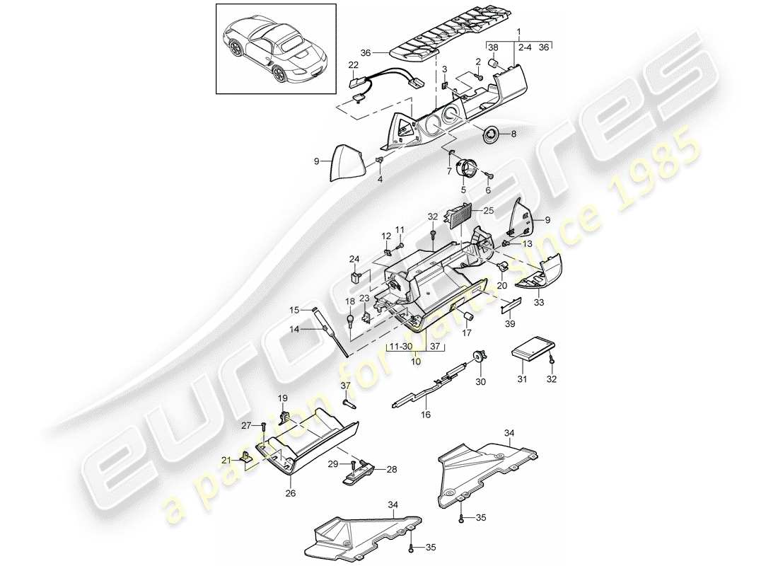 porsche 2009 (987 boxster) diagrama de piezas de la guantera