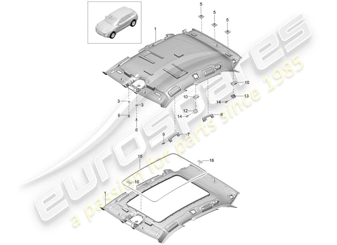porsche macan (2018) diagrama de piezas del panel de acabado del techo