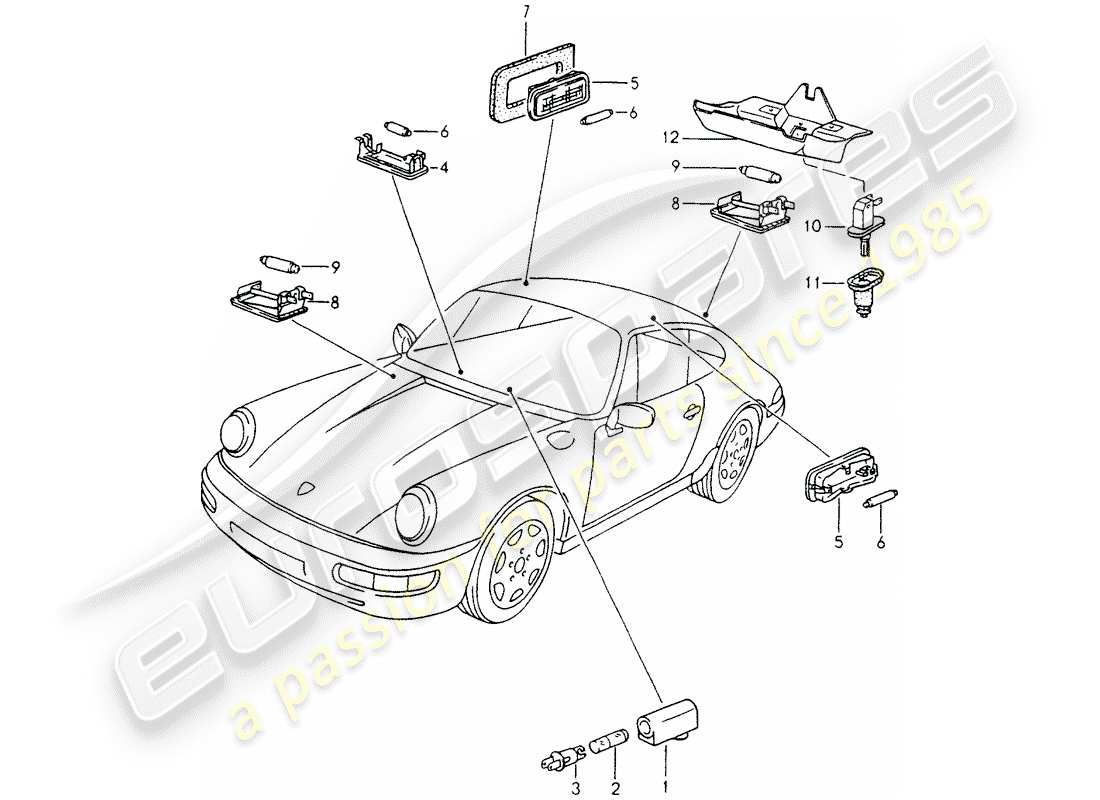 porsche 1994 (964) luces interiores - lámpara del maletero - luz del compartimiento del motor diagrama de piezas