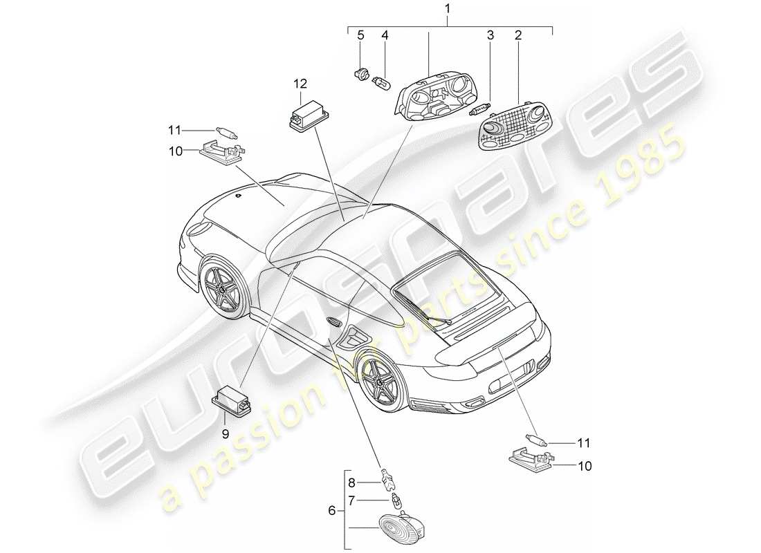 porsche 2009 997-2 turbo / gt2 diagrama de piezas de luces interiores