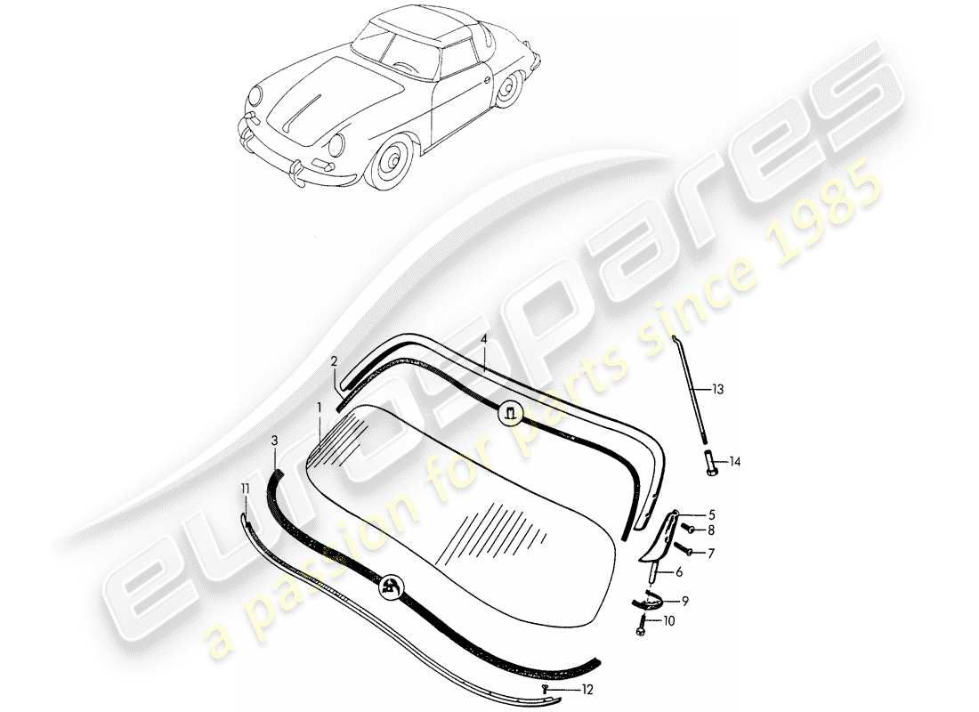 porsche 1951 (356/356a) vidrio del parabrisas diagrama de piezas
