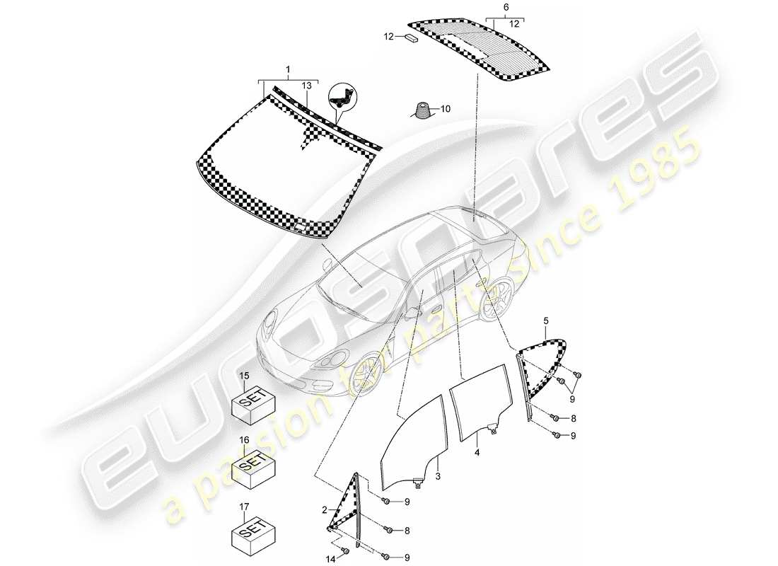 porsche 2014 (panamera 970) diagrama de piezas de ventanas