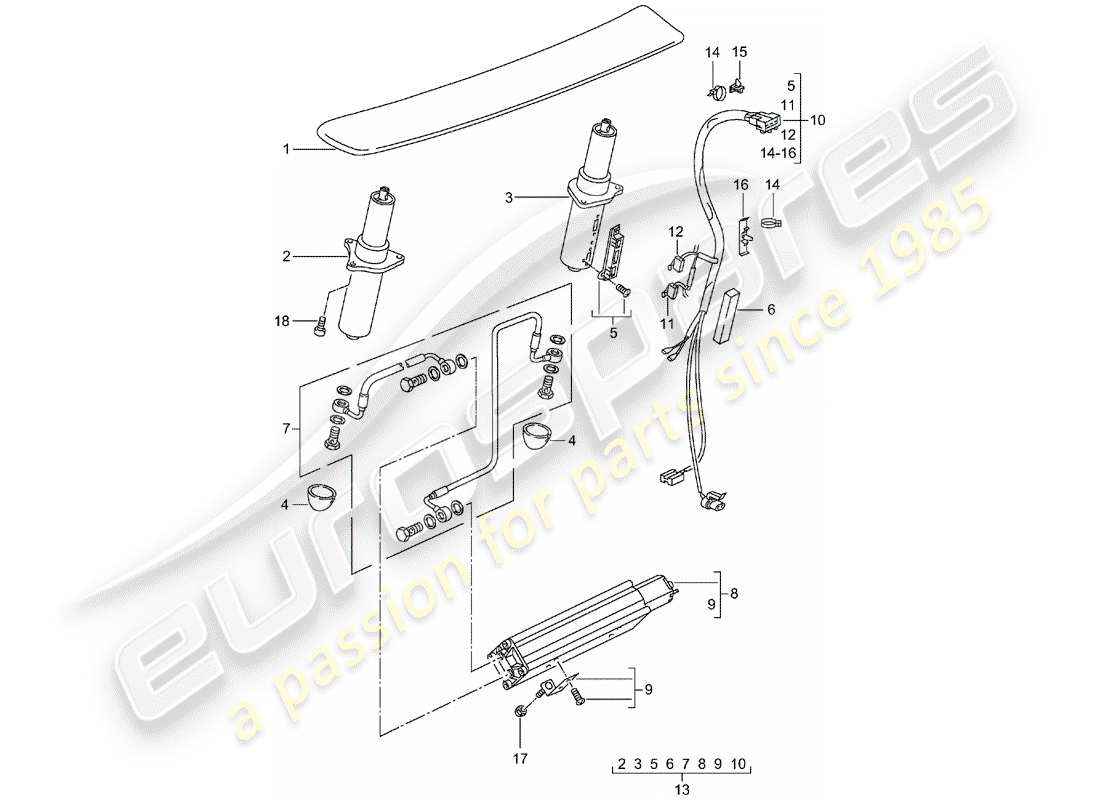 porsche 2001 (996 turbo / gt2) diagrama de piezas del spoiler trasero