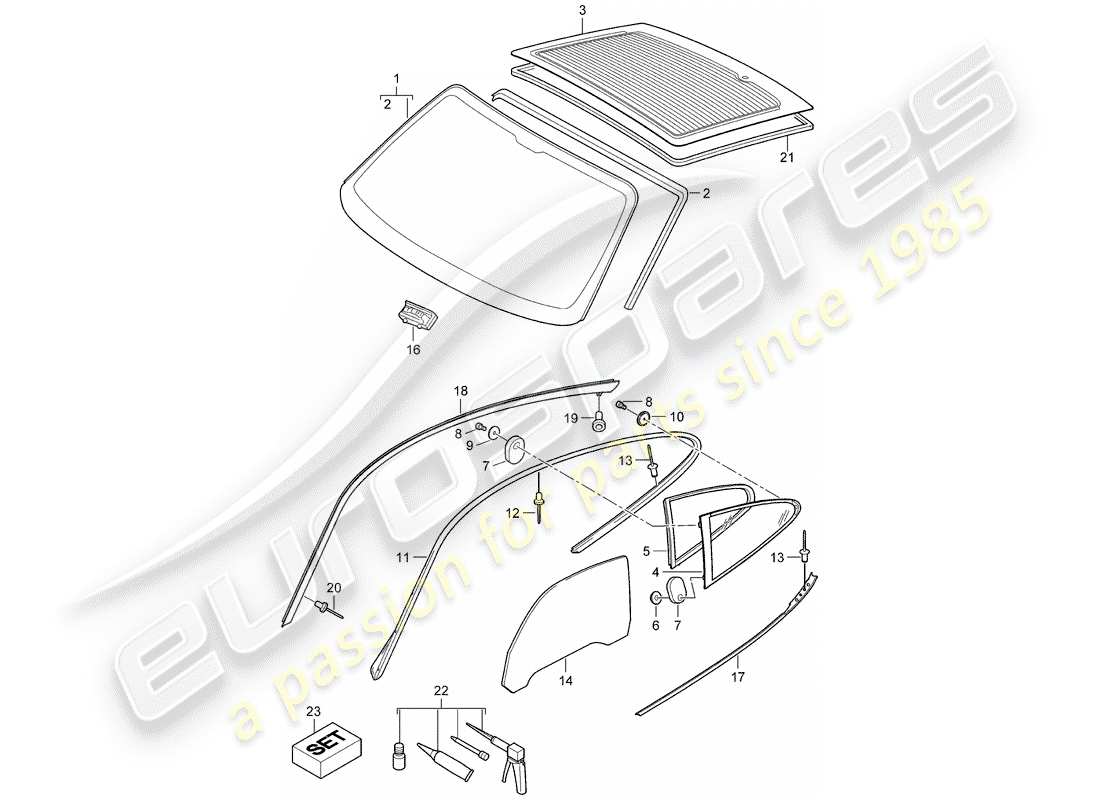 porsche 2005 (997-1) acristalamiento de ventanas diagrama de piezas
