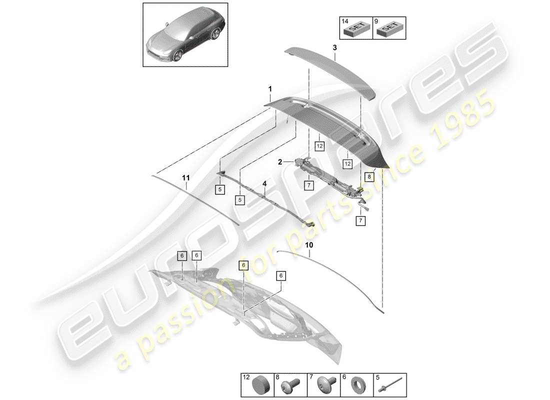 porsche 2020 (panamera 971-1) diagrama de piezas del spoiler trasero