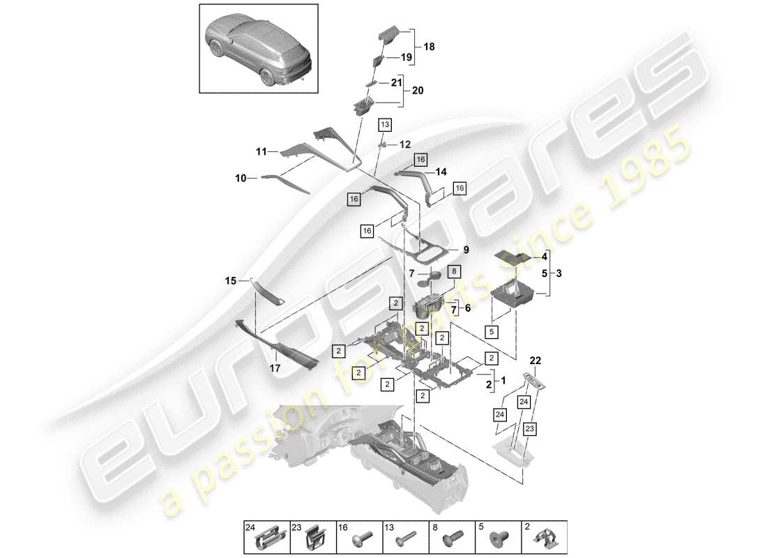 porsche 2020 (cayenne e3 9ya/9yb) diagrama de piezas de la consola central