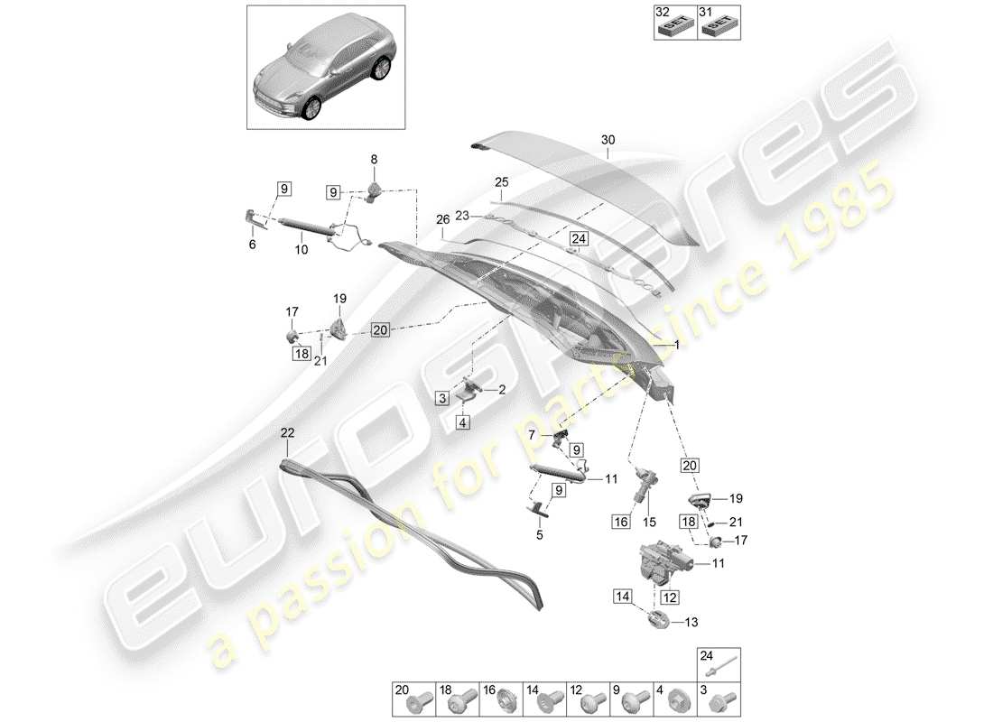porsche 2020 (macan) diagrama de piezas de la tapa del maletero trasero