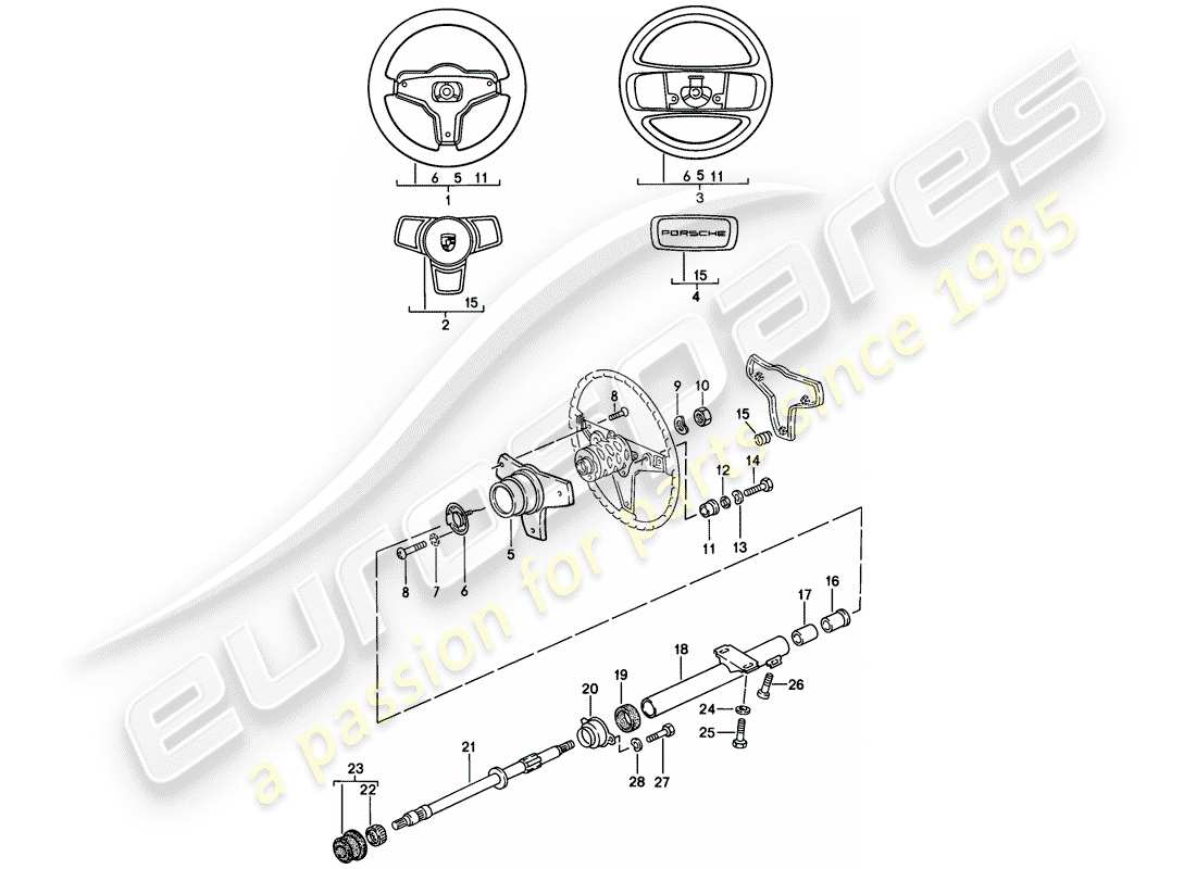 porsche 1982 (944) volante - columna de dirección diagrama de piezas