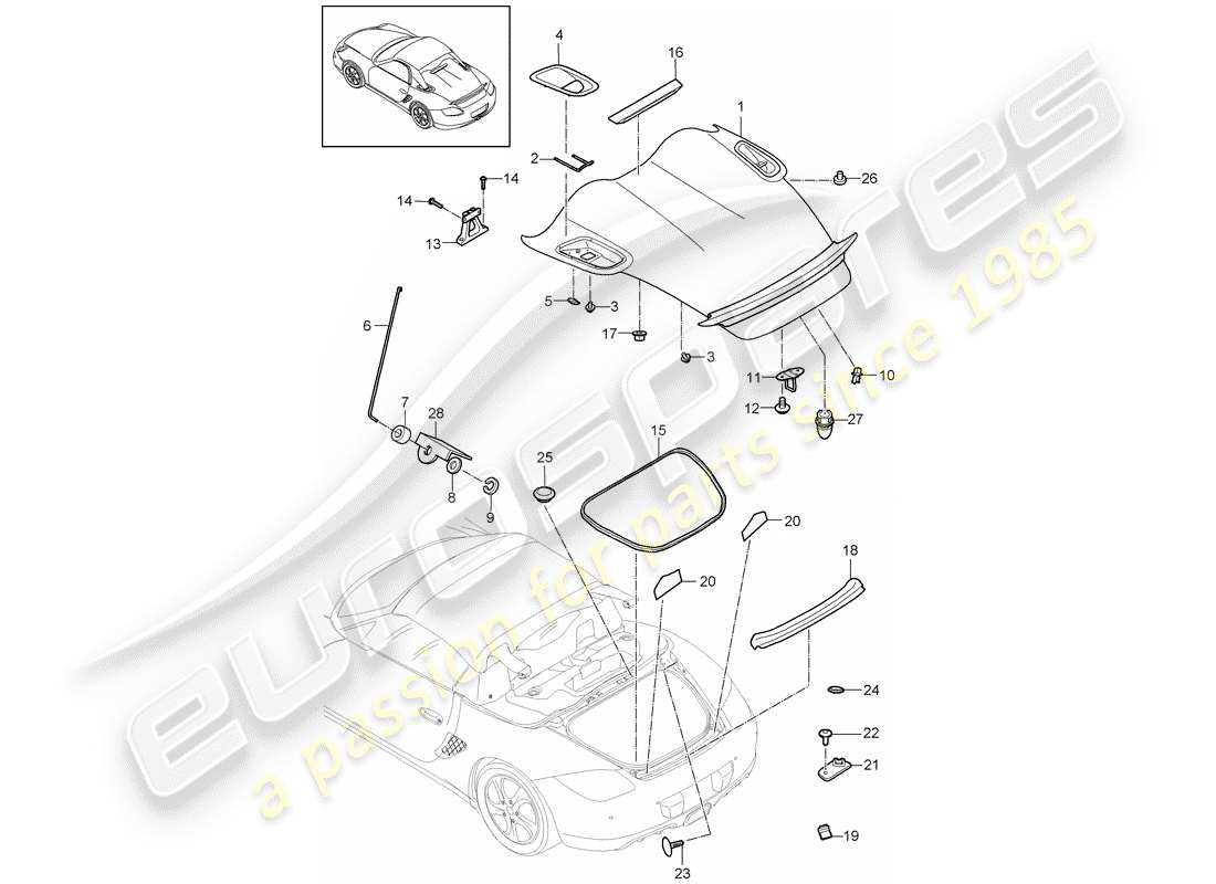 porsche 2009 (987 boxster) diagrama de piezas de la cubierta