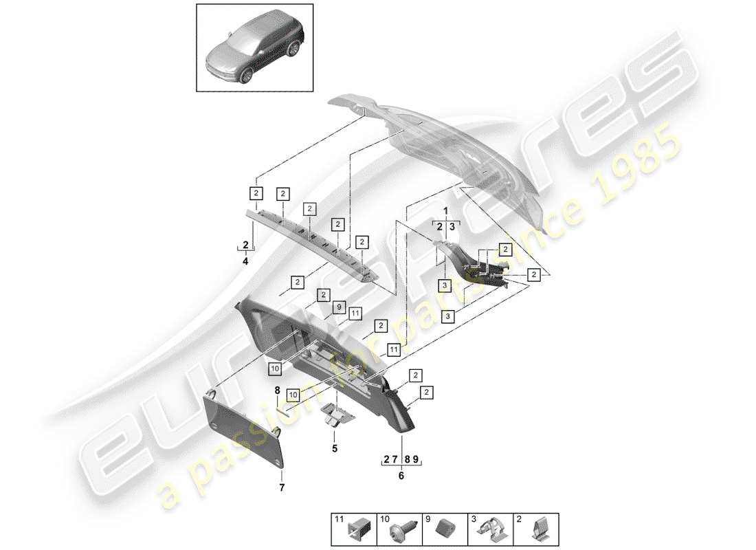 porsche 2020 (cayenne e3 9ya/9yb) recubrimiento diagrama de piezas