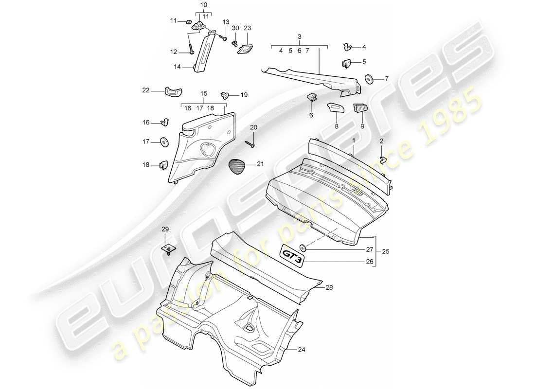 porsche 2007 (997-1 gt3) adornos diagrama de piezas