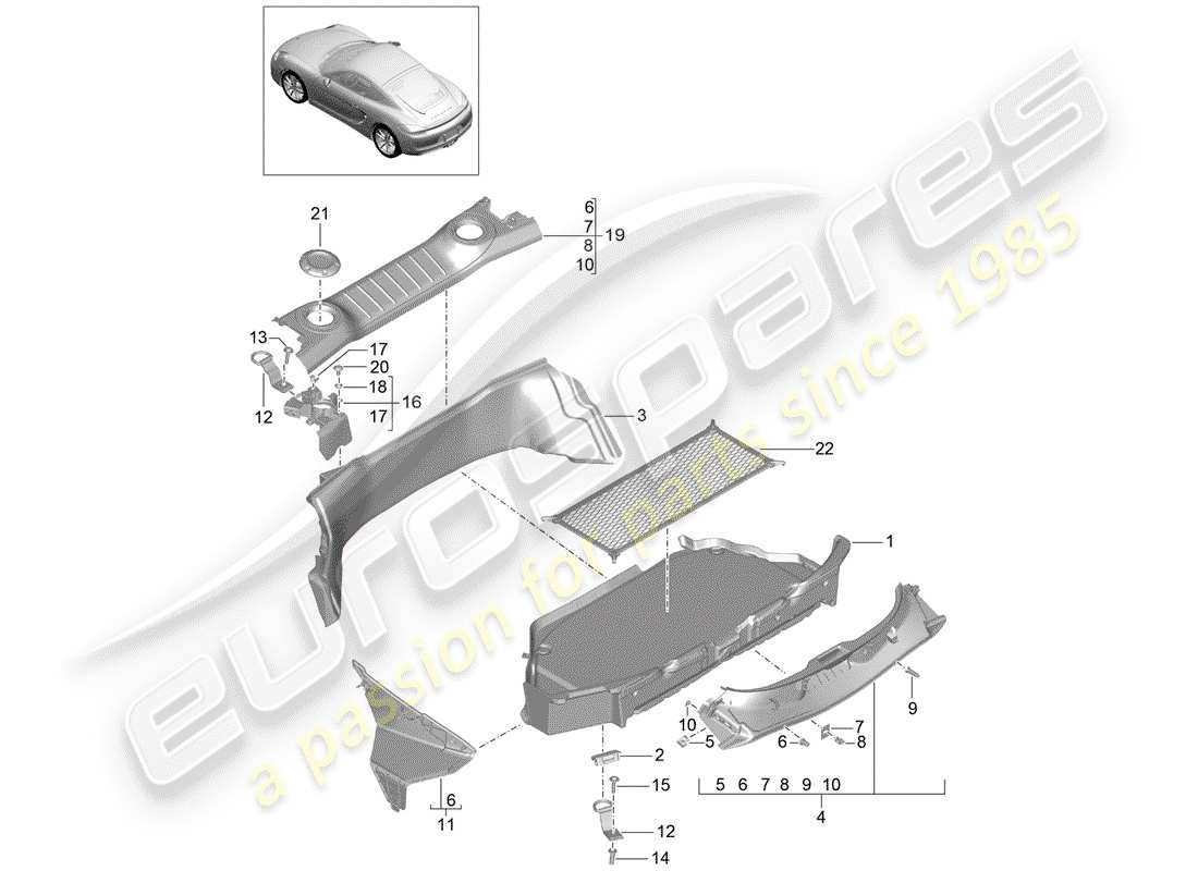 porsche 2016 (981 cayman) compartimiento de equipaje diagrama de piezas