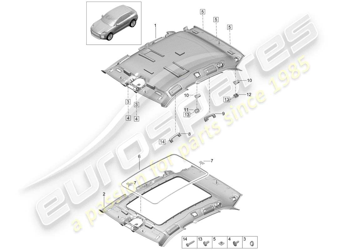 porsche 2019 (macan) diagrama de piezas del panel de acabado del techo