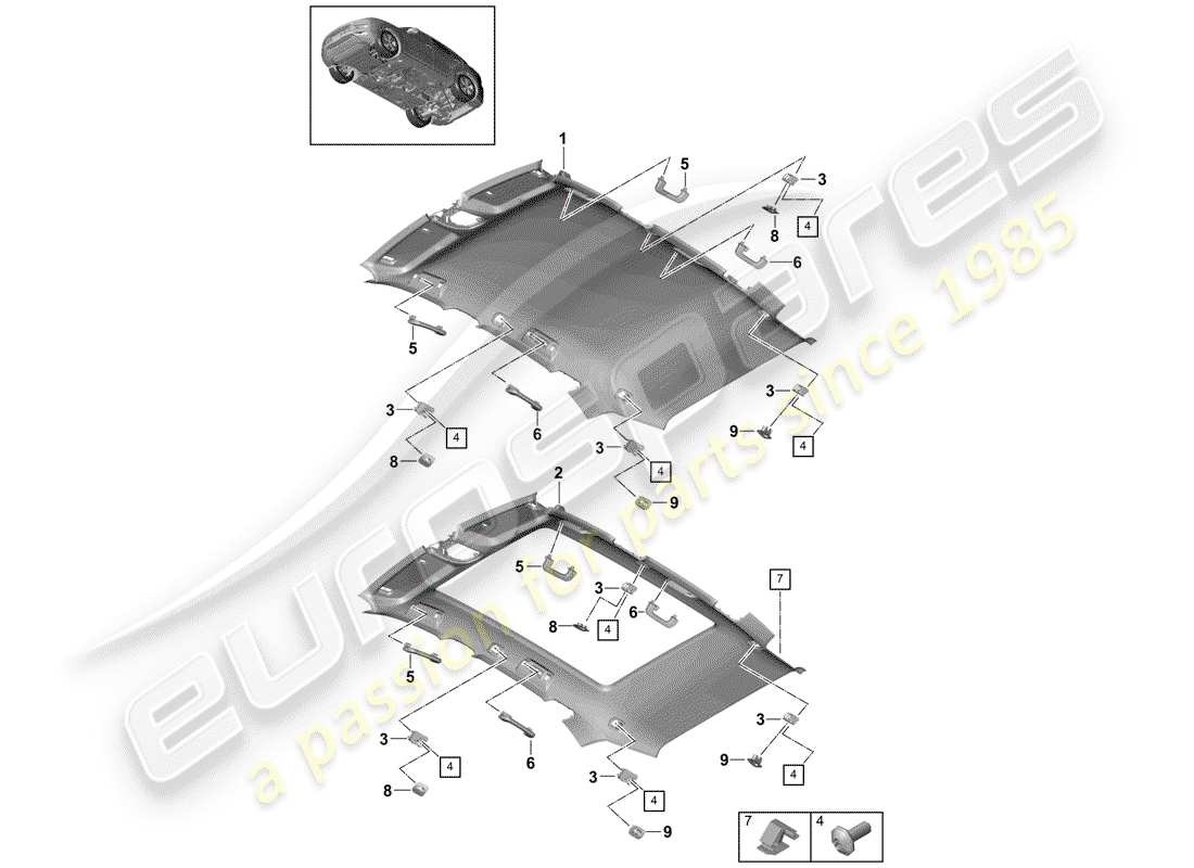 porsche 2018 (cayenne e3 9ya/9yb) panel de adorno de techo diagrama de piezas
