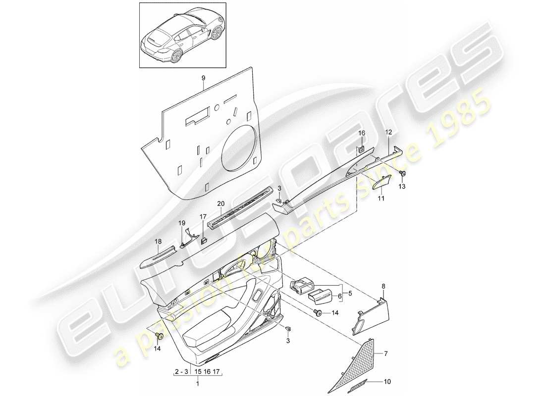porsche 2011 (panamera 970) diagrama de piezas del panel de puerta