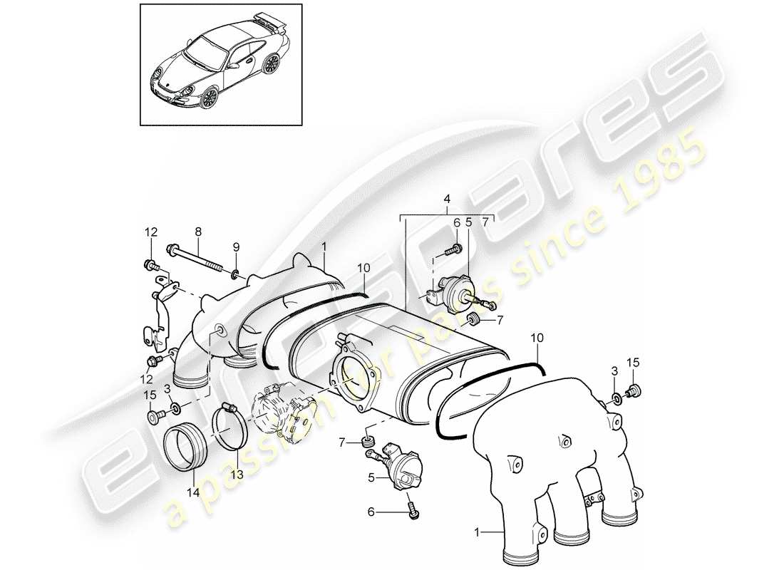 porsche 2011 (997-2 gt3) distribuidor de aire de admisión diagrama de piezas