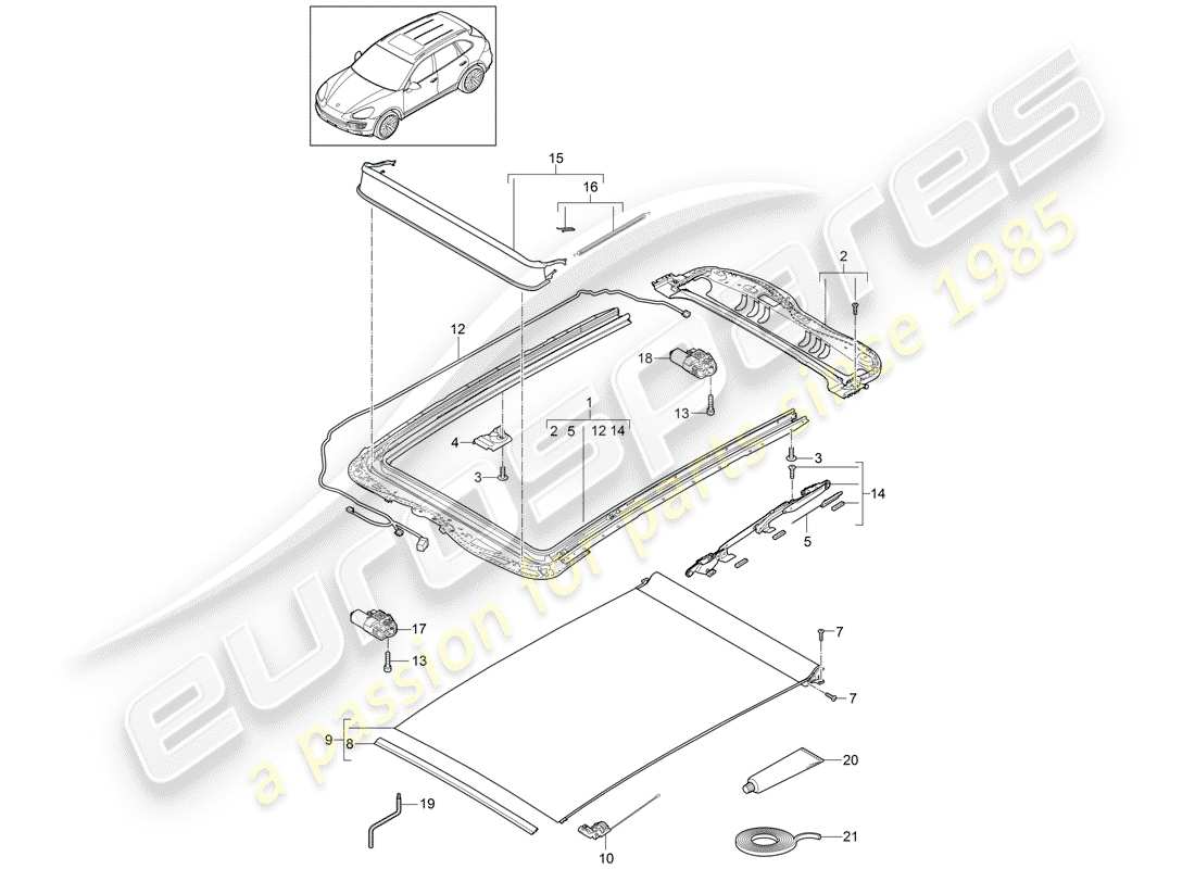 porsche 2013 (cayenne e2 92a) techo de cristal diagrama de piezas