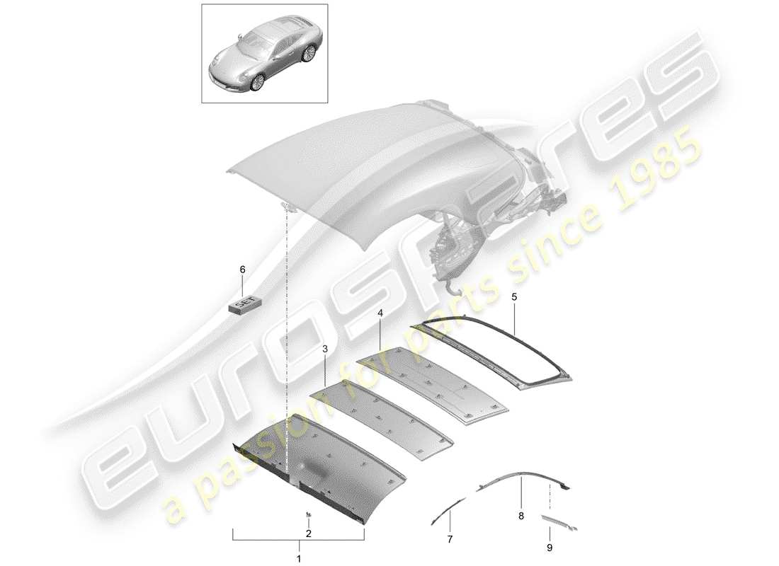 porsche 2019 (991-2) diagrama de piezas del headliner