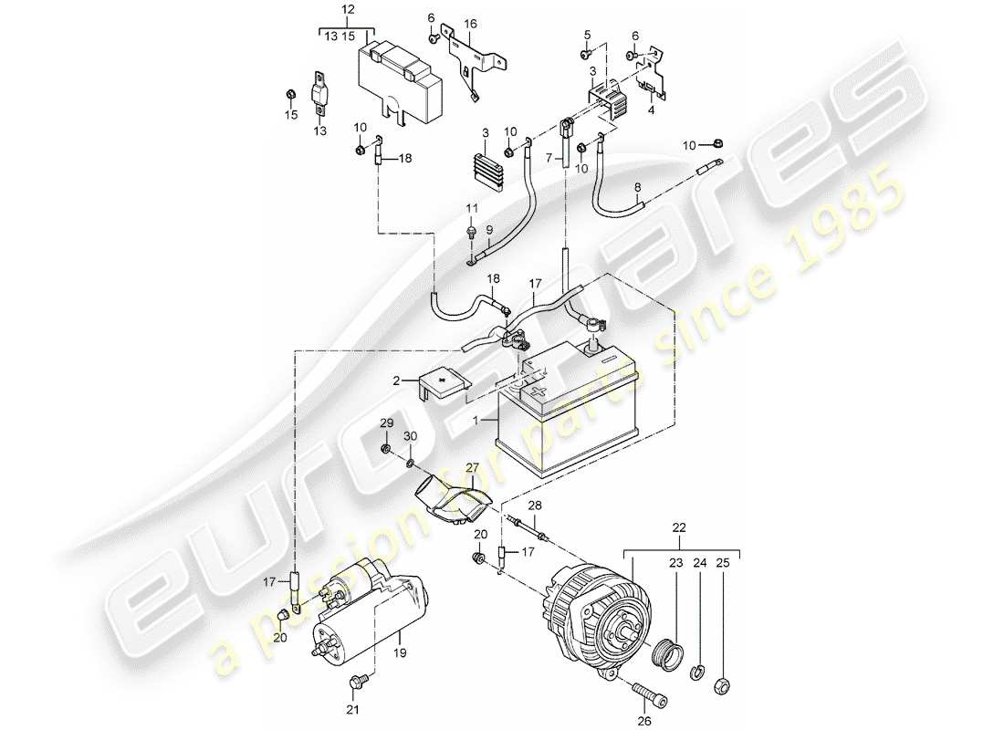 porsche 2004 (carrera gt) bateria - distribuidor de tierra - caja de conexiones - arranque - alternador diagrama de piezas