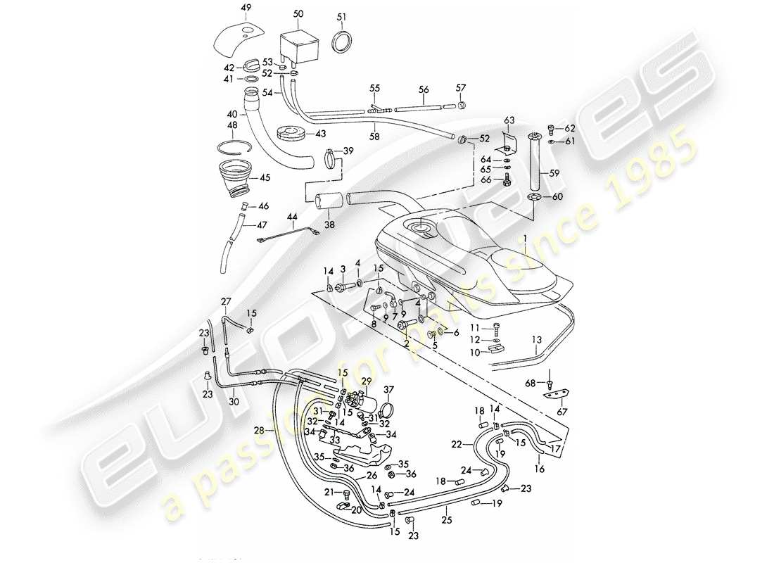 porsche 1973 (911) sistema de combustible - líneas - con: - diagrama de piezas de la bomba de combustible