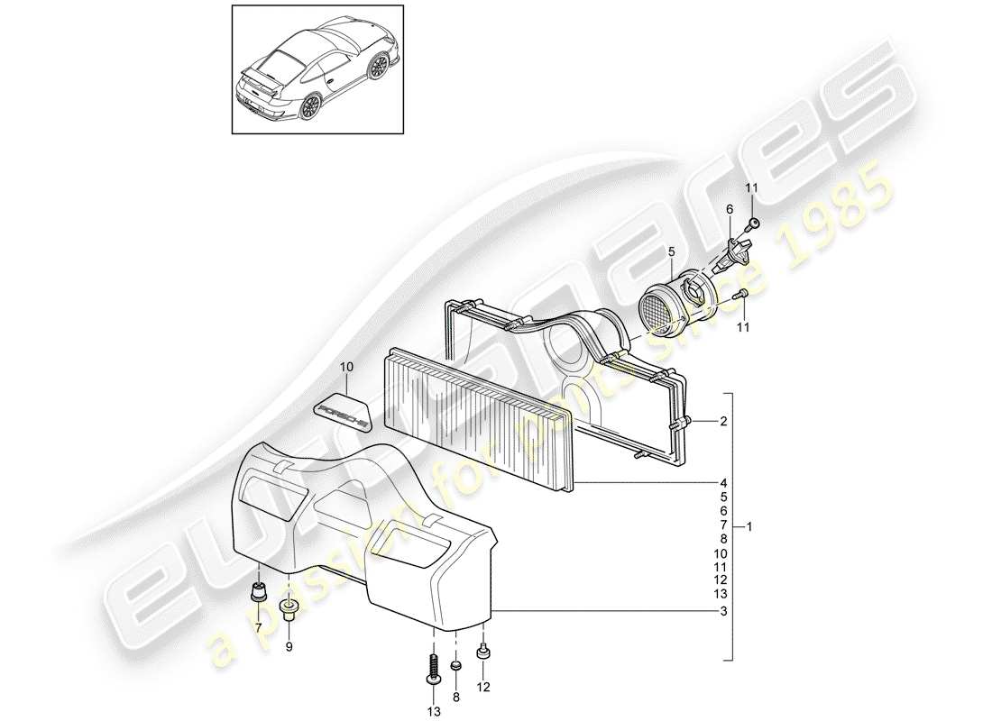 porsche 2007 (997-1 gt3) diagrama de piezas del limpiador de aire