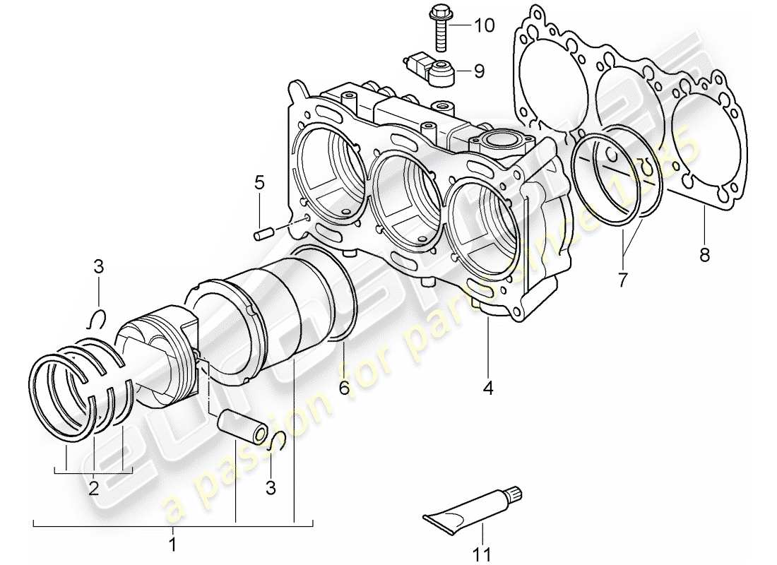 porsche 2008 (997-1 gt3) cilindro con pistones diagrama de piezas