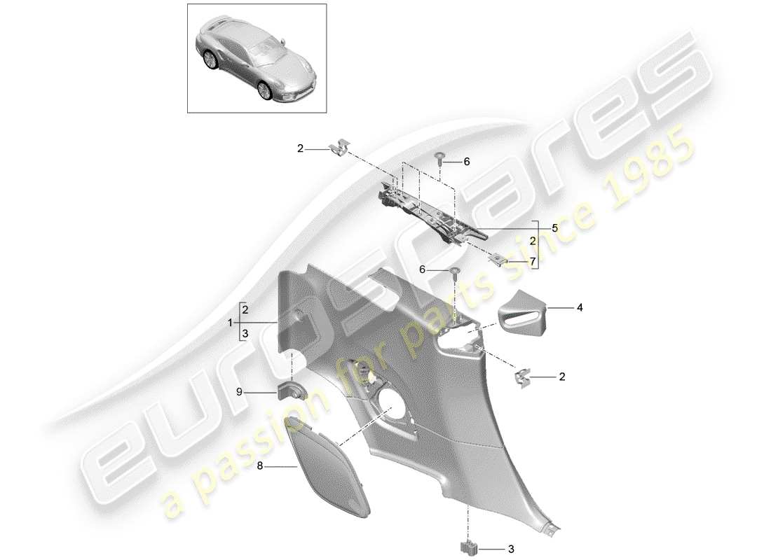 porsche 2019 (991-2) diagrama de piezas del panel de acabado cuarto