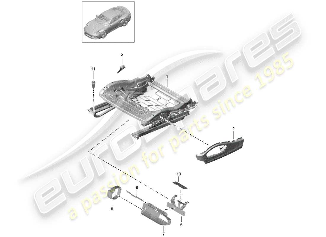 porsche 2020 (991-2 turbo) diagrama de piezas del marco del asiento